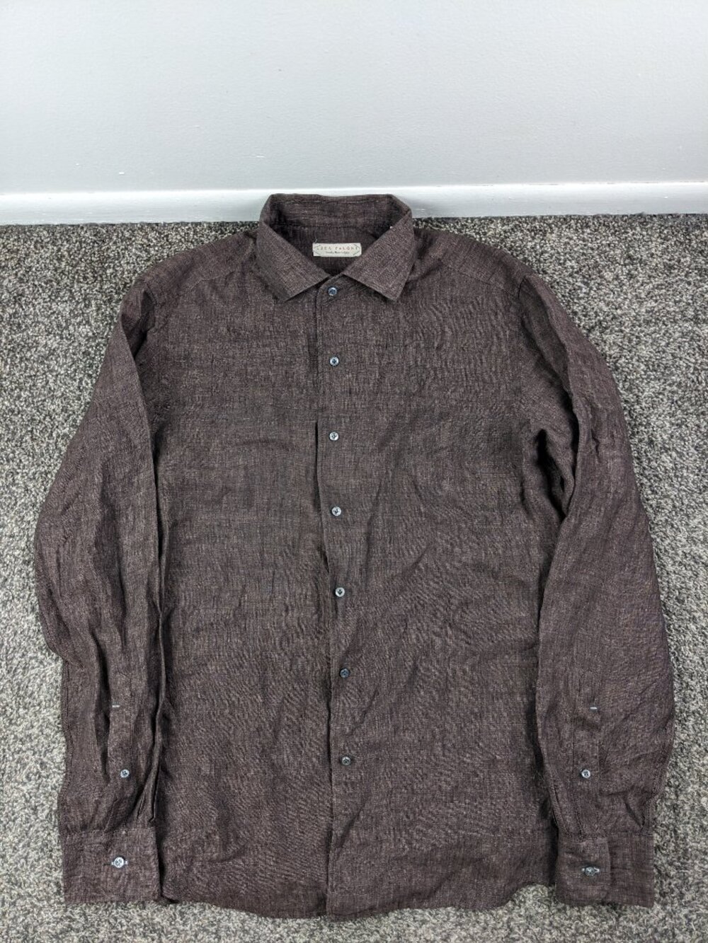 Luca Faloni Dress Shirt 100% Linen Brown Long Sleeve Button Up Sz 16.5